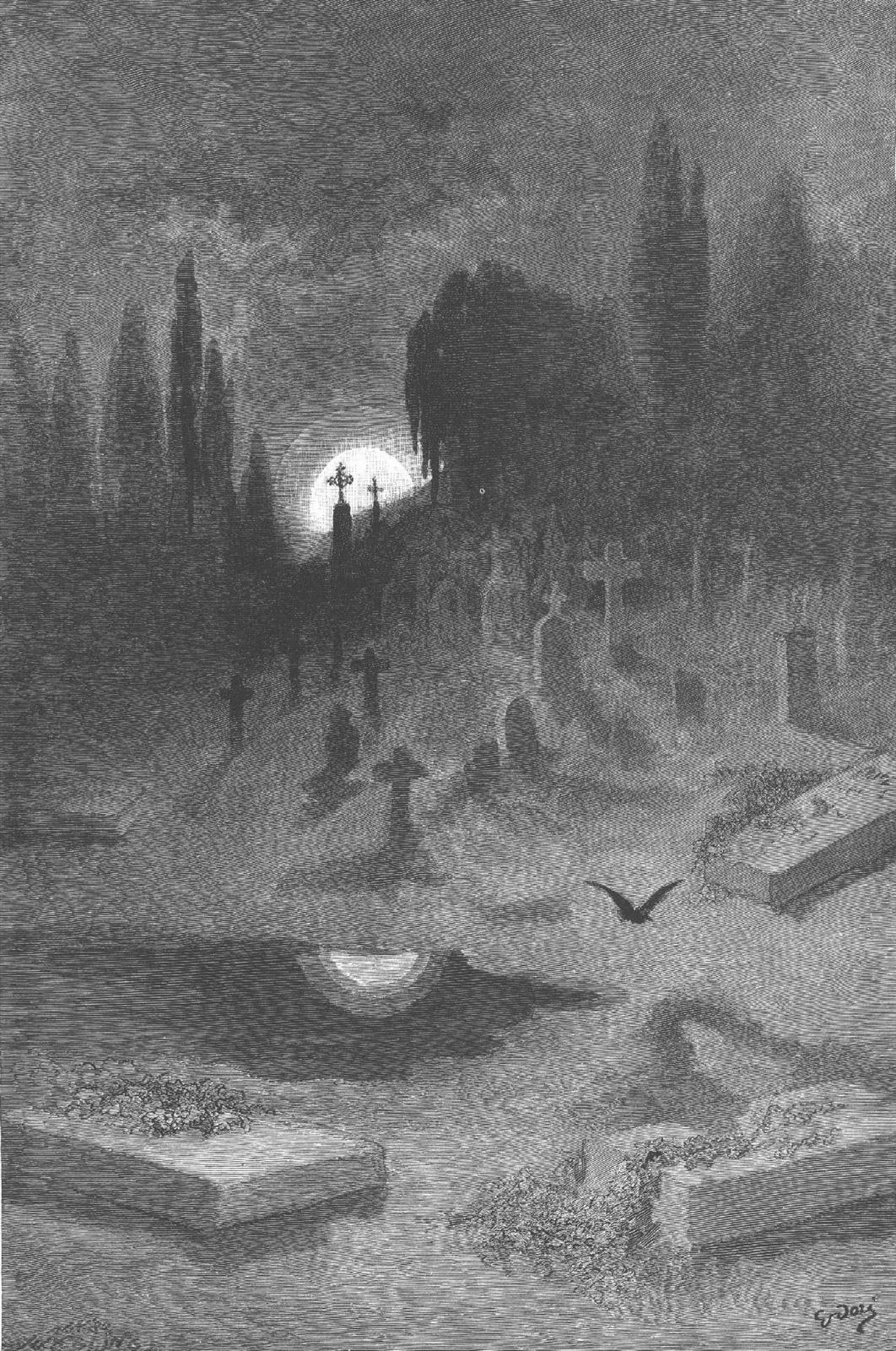 Single artwork: a moonlit graveyard with a lone raven in flight
