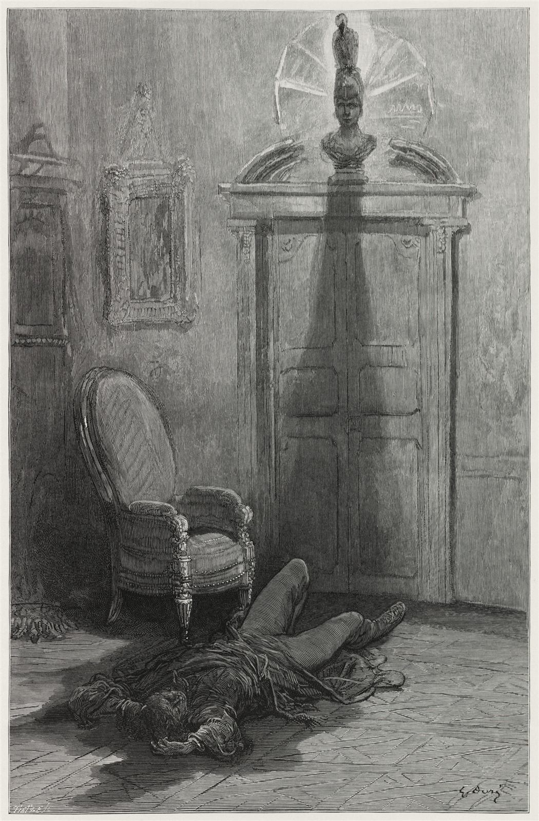 A figure collapsed beneath a raven perched upon a pale bust